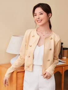 SHEIN Privé Double Breasted Crop Jacket - Khaki - View 3