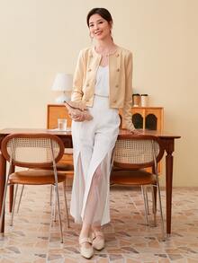 SHEIN Privé Double Breasted Crop Jacket - Khaki - View 4