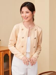 SHEIN Privé Double Breasted Crop Jacket - Khaki - View 5