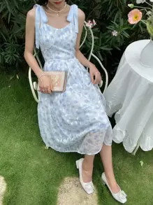 DAZY 滿版印花肩部打結吊帶連衣裙 - 彩色 - 查看 5