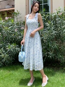 DAZY 滿版印花肩部打結吊帶連衣裙 - 彩色 - 查看 7