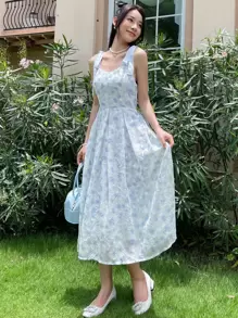 DAZY 滿版印花肩部打結吊帶連衣裙 - 彩色 - 查看 8