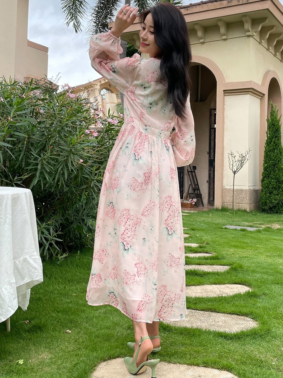 Floral Print Surplice Neck Bishop Sleeve Dress
