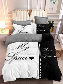 Letter Graphic Duvet Cover Set Without Filler - Black and White - View 1