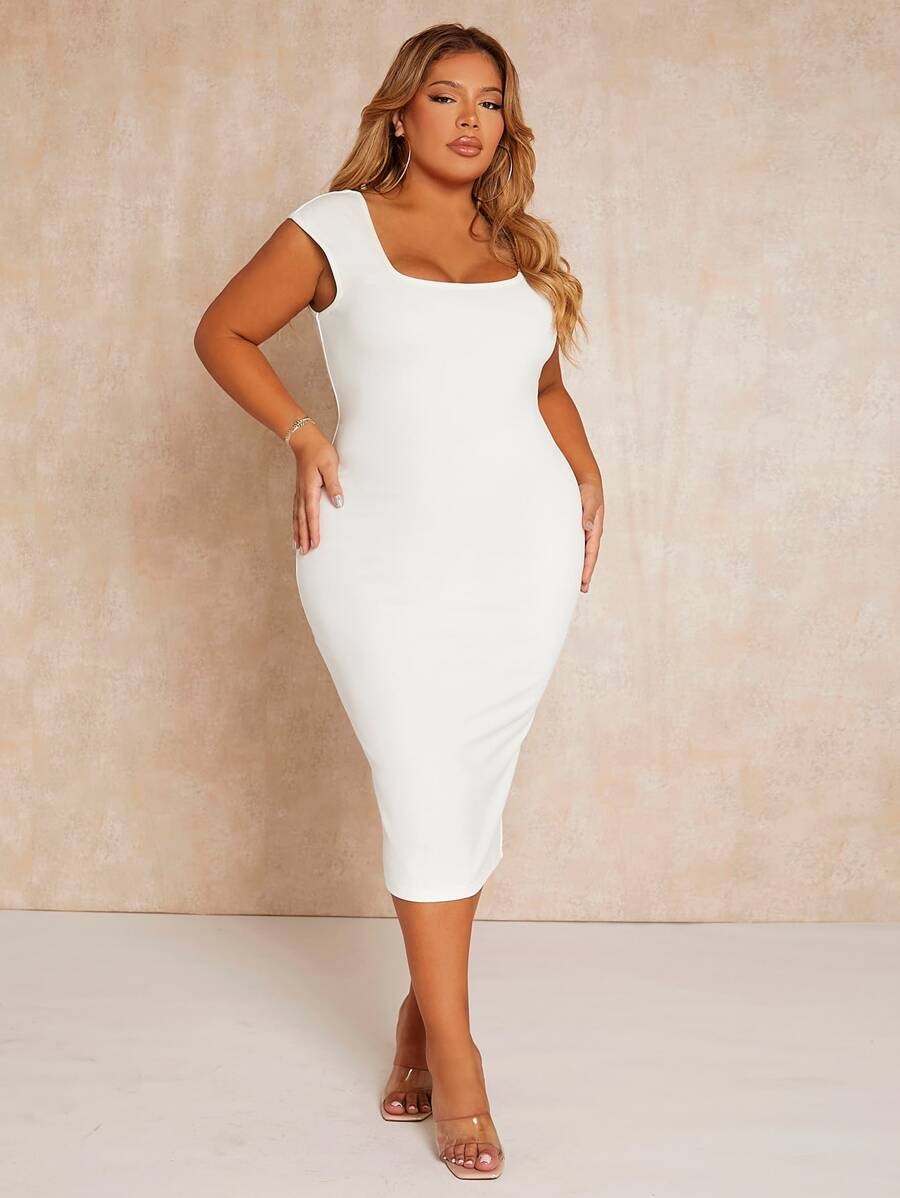 SHEIN SXY Plus Square Neck Fitted Dress - White - View 1
