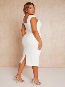 SHEIN SXY Plus Square Neck Fitted Dress - White - View 2