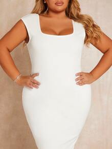 SHEIN SXY Plus Square Neck Fitted Dress - White - View 5
