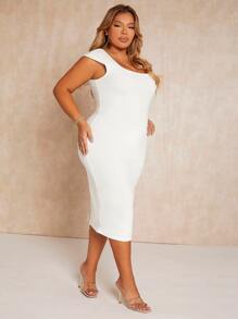 SHEIN SXY Plus Square Neck Fitted Dress - White - View 6
