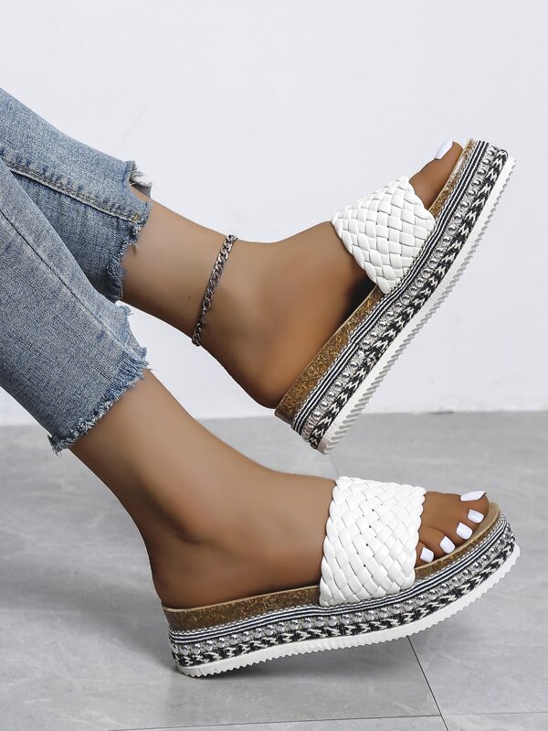 Women Braided Strap Espadrille Sandals, Vacation White Flatform Slide Sandals For Summer