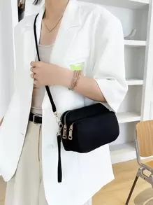 輕便商務休閒迷你三拉鍊斜背包適合青少年女孩女大學生、菜鳥和白領非常適合辦公室、大學、工作、商務、通勤、戶外、旅行、郊遊 - 黑色 - 查看 1