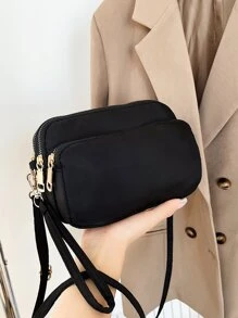 輕便商務休閒迷你三拉鍊斜背包適合青少年女孩女大學生、菜鳥和白領非常適合辦公室、大學、工作、商務、通勤、戶外、旅行、郊遊 - 黑色 - 查看 2