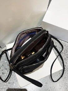 輕便商務休閒迷你三拉鍊斜背包適合青少年女孩女大學生、菜鳥和白領非常適合辦公室、大學、工作、商務、通勤、戶外、旅行、郊遊 - 黑色 - 查看 7