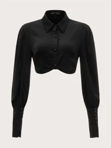 SHEIN Essnce Áo sơ mi nữ Bất đối xứng Nút Nút đôi màu trơn Thanh lịch - màu đen - Xem 1