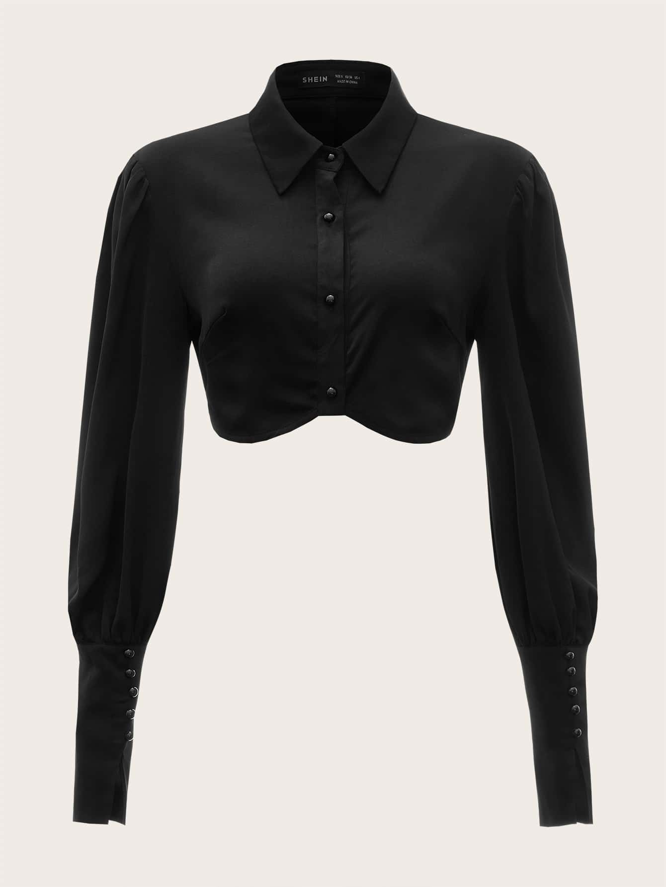 SHEIN Essnce Áo sơ mi nữ Bất đối xứng Nút Nút đôi màu trơn Thanh lịch - màu đen - Xem 1