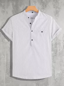 Manfinity Men Vertical Striped Half Button Shirt Without Tee - White - View 1