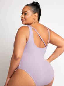 SHEIN SXY X EvetteXO Plus Asymmetrical Neck Rib-knit Bodysuit - Lilac Purple - View 2