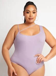 SHEIN SXY X EvetteXO Plus Asymmetrical Neck Rib-knit Bodysuit - Lilac Purple - View 4