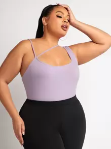 SHEIN SXY X EvetteXO Plus Asymmetrical Neck Rib-knit Bodysuit - Lilac Purple - View 1