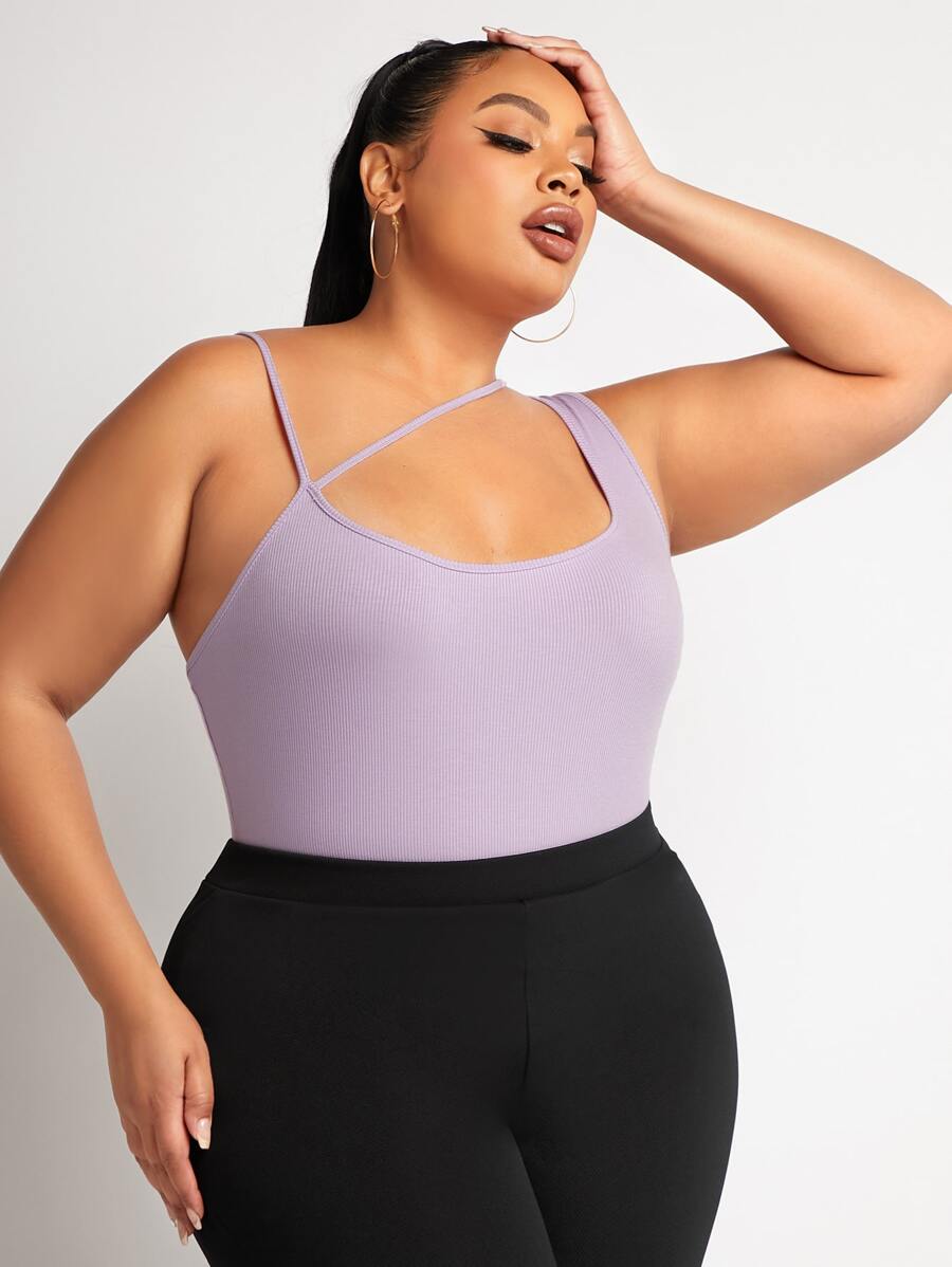 SHEIN SXY X EvetteXO Plus Asymmetrical Neck Rib-knit Bodysuit - Lilac Purple - View 1