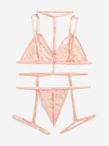 3入組蕾絲拼接無鋼圈吊帶襪內衣套裝 - 珊瑚粉 - 查看 2
