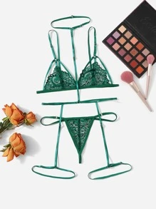 Classic Sexy 3入組蕾絲拼接無鋼圈吊帶襪內衣套裝 - 墨綠色 - 查看 1