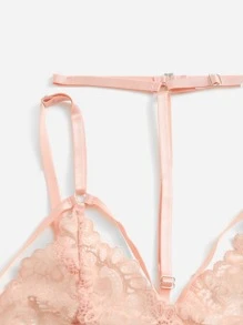 3入組蕾絲拼接無鋼圈吊帶襪內衣套裝 - 珊瑚粉 - 查看 3