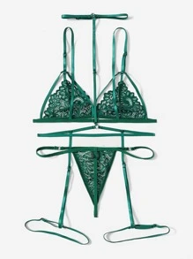 Classic Sexy 3入組蕾絲拼接無鋼圈吊帶襪內衣套裝 - 墨綠色 - 查看 2