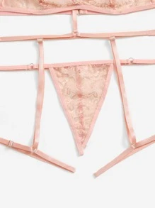 3入組蕾絲拼接無鋼圈吊帶襪內衣套裝 - 珊瑚粉 - 查看 5