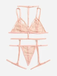 3入組蕾絲拼接無鋼圈吊帶襪內衣套裝 - 珊瑚粉 - 查看 4