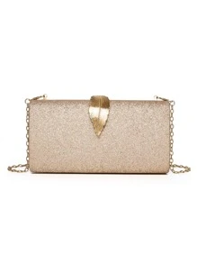 Bolso caja con diseño de hoja con cadena brillante - Champán - Ver 1