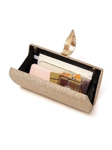 Bolso caja con diseño de hoja con cadena brillante - Champán - Ver 4