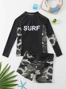 Tween Boy Random Camo & Letter Graphic Raglan Sleeve Swimsuit - Multicolor - View 1