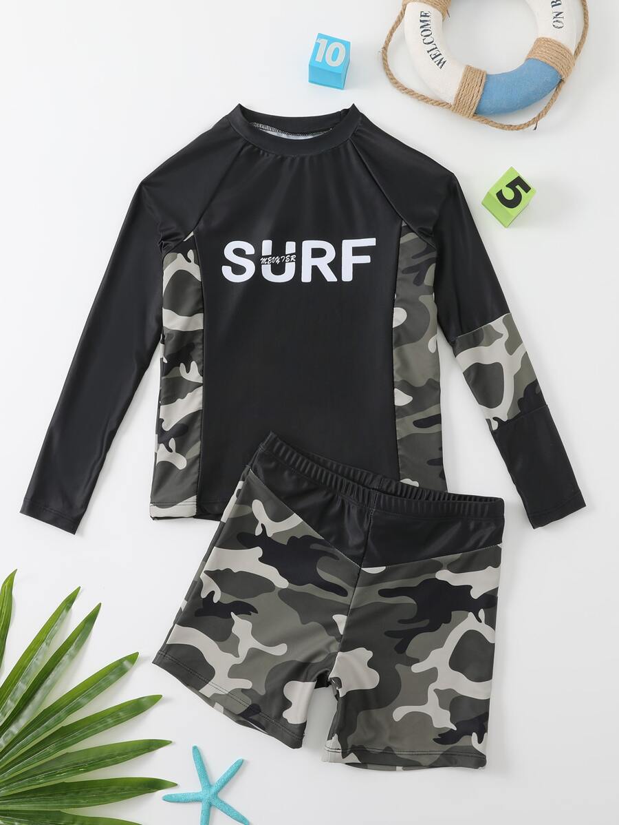 Tween Boy Random Camo & Letter Graphic Raglan Sleeve Swimsuit - Multicolor - View 1