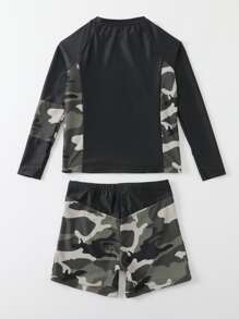 Tween Boy Random Camo & Letter Graphic Raglan Sleeve Swimsuit - Multicolor - View 2