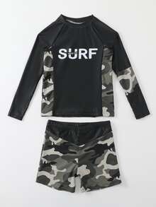Tween Boy Random Camo & Letter Graphic Raglan Sleeve Swimsuit - Multicolor - View 4