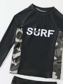 Tween Boy Random Camo & Letter Graphic Raglan Sleeve Swimsuit - Multicolor - View 5