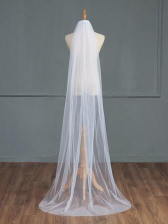 1 件女士多功能单层薄纱婚纱头纱，带梳子和串珠细节，柔软网眼新娘婚礼头饰，白色及地秋装，适合女士