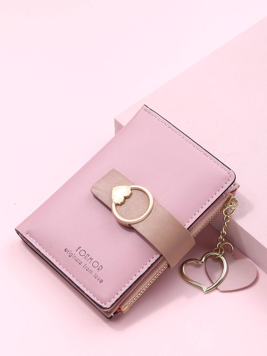 FONMOR 標語圖案圓形和愛心裝飾短皮夾口袋皮夾小錢包拉鍊雙折女士皮夾 - 粉色 - 查看 1