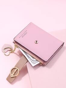 FONMOR 標語圖案圓形和愛心裝飾短皮夾口袋皮夾小錢包拉鍊雙折女士皮夾 - 粉色 - 查看 2