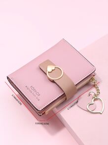 FONMOR 標語圖案圓形和愛心裝飾短皮夾口袋皮夾小錢包拉鍊雙折女士皮夾 - 粉色 - 查看 4