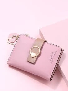 FONMOR 標語圖案圓形和愛心裝飾短皮夾口袋皮夾小錢包拉鍊雙折女士皮夾 - 粉色 - 查看 5