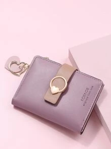 FONMOR 字母圖案愛心裝飾短皮夾口袋皮夾小錢包身份窗戶拉鍊女士皮夾 - 紫色 - 查看 2