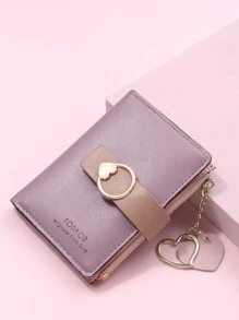 FONMOR 字母圖案愛心裝飾短皮夾口袋皮夾小錢包身份窗戶拉鍊女士皮夾 - 紫色 - 查看 5