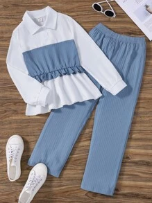 SHEIN Blusa Y Pantalones Para Niña Preadolescente Con Dobladillo De Volantes De Dos Tonos - Azul y blanco - Ver 1