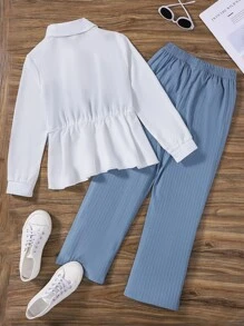 SHEIN Blusa Y Pantalones Para Niña Preadolescente Con Dobladillo De Volantes De Dos Tonos - Azul y blanco - Ver 2