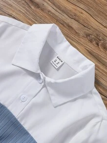 SHEIN Blusa Y Pantalones Para Niña Preadolescente Con Dobladillo De Volantes De Dos Tonos - Azul y blanco - Ver 4