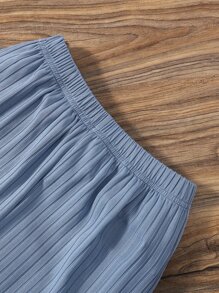 SHEIN Blusa Y Pantalones Para Niña Preadolescente Con Dobladillo De Volantes De Dos Tonos - Azul y blanco - Ver 6