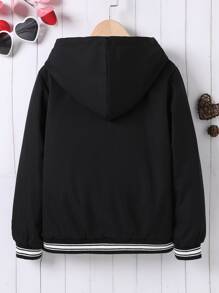 Girls Striped Trim Teddy Lined Hooded Jacket - Black - View 2