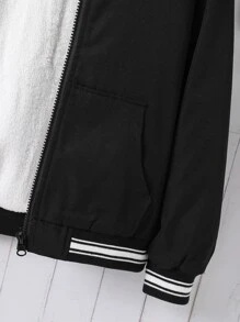 Girls Striped Trim Teddy Lined Hooded Jacket - Black - View 4