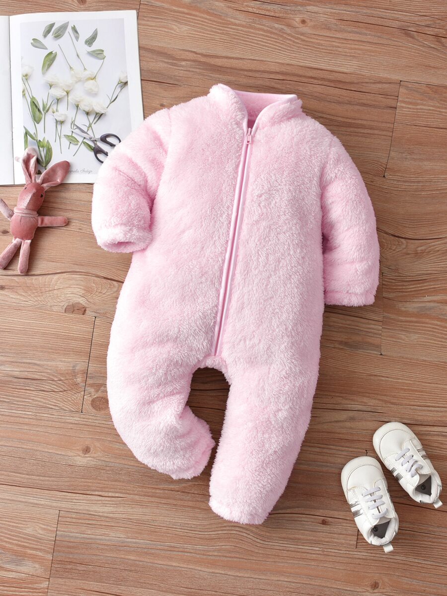 嬰兒素色拉鍊法蘭絨連身褲 - 粉色 - 查看 1